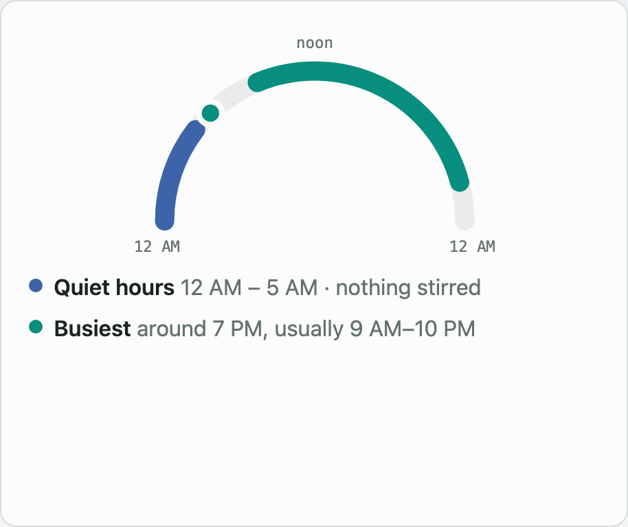 Today's Rhythm — an arc of the day with quiet hours and busiest hours