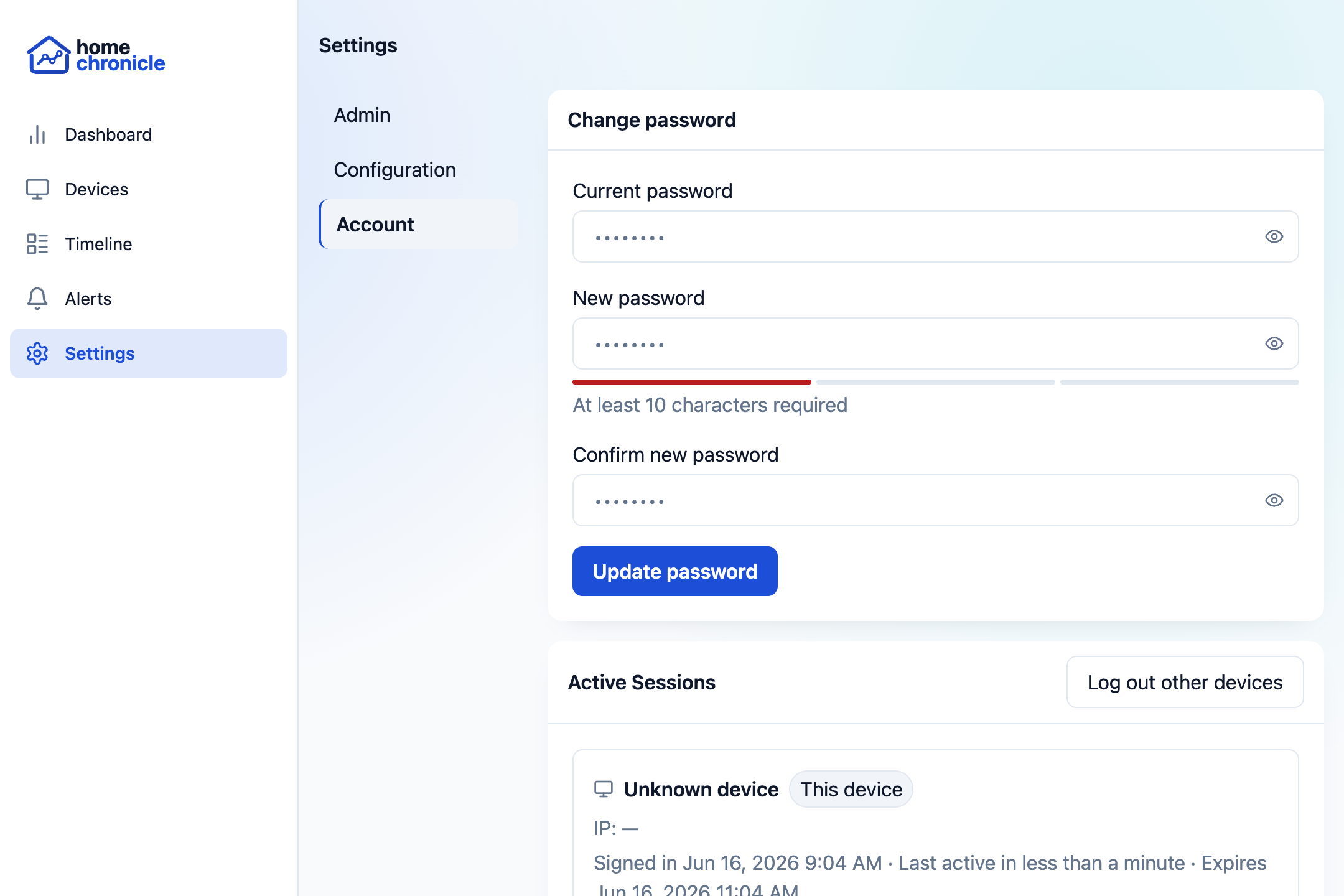 Active sessions list with device info and revoke buttons