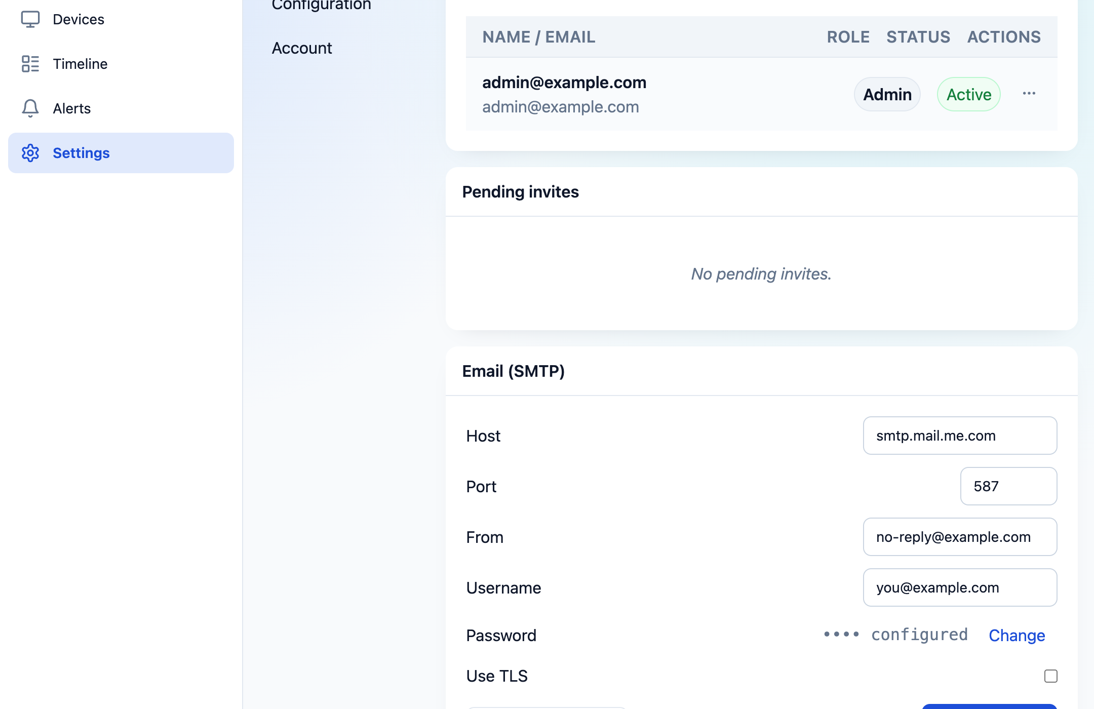 Email SMTP settings panel
