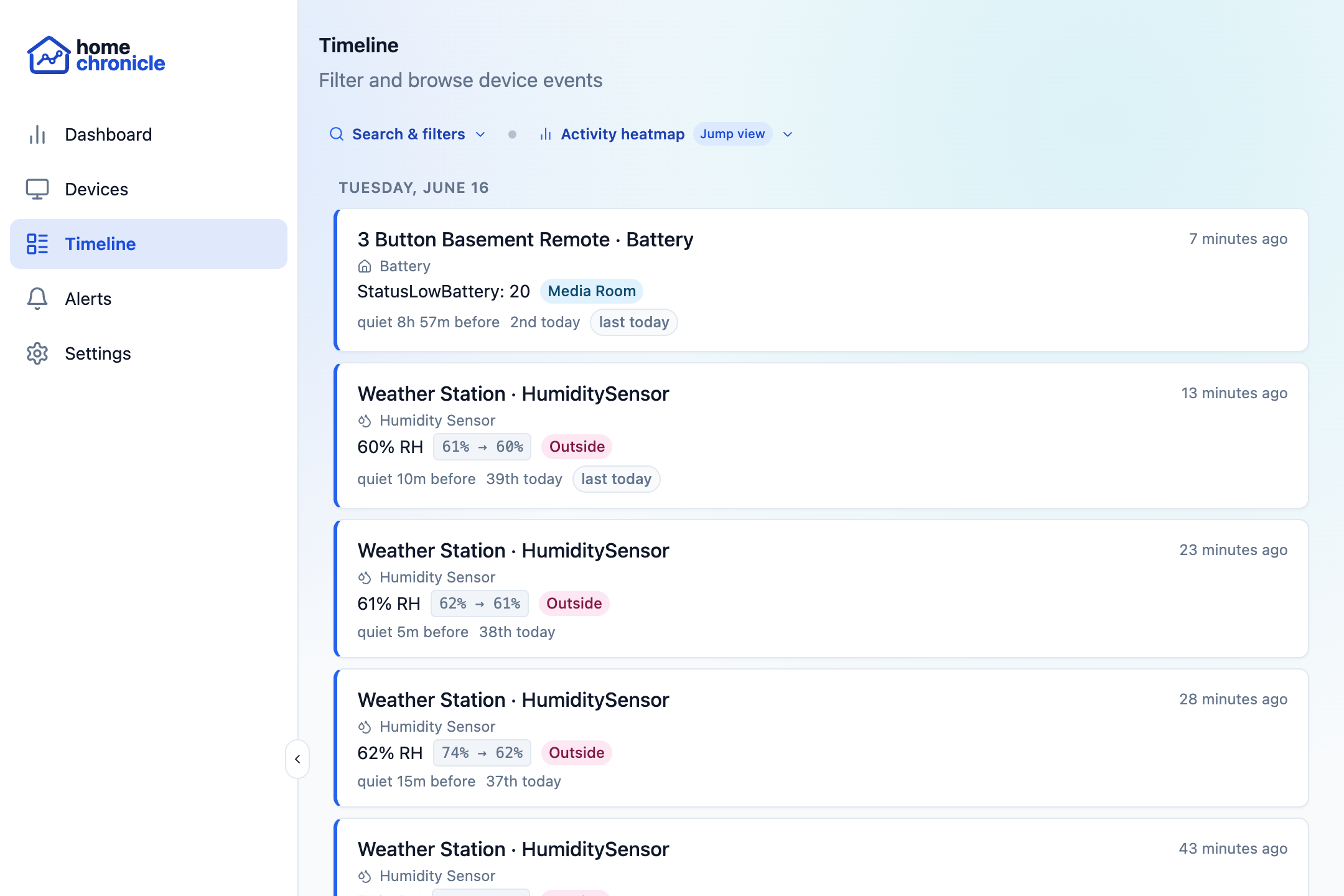 Timeline — live event feed grouped by day