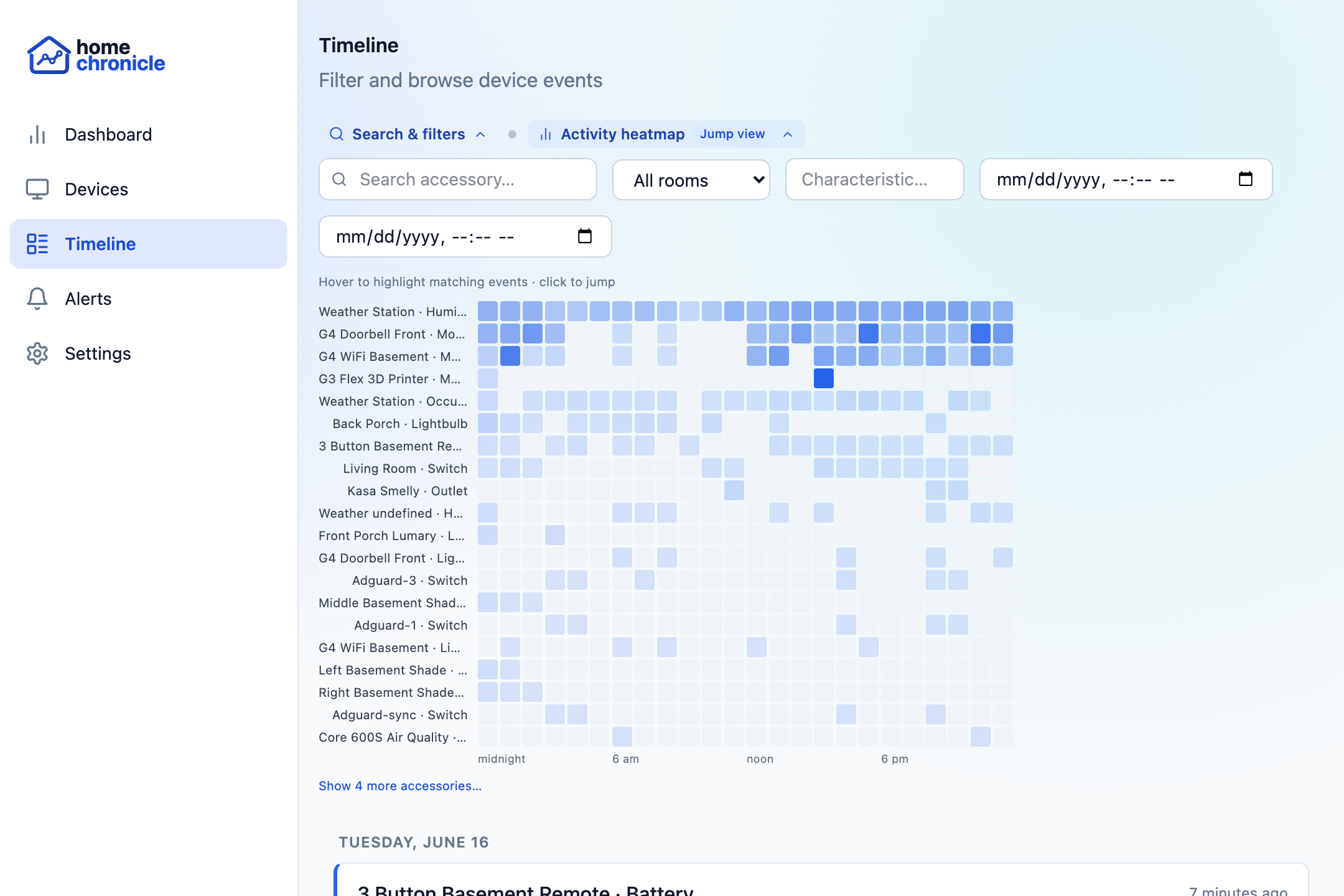 Timeline — search filters with activity heatmap for jump navigation